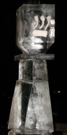 A dreidel carved in ice at the Hanukkah celebration last week in Goshen.