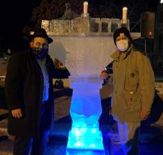 A special feature of last year’s menorah lighting in Goshen was an ice-sculpted menorah. Photos provided by Chabad of Orange County in Goshen. A dreidel carved from ice will be on hand this coming Nov. 30 on th Village Green. Photos provided by Chabad of Orange County in Goshen.