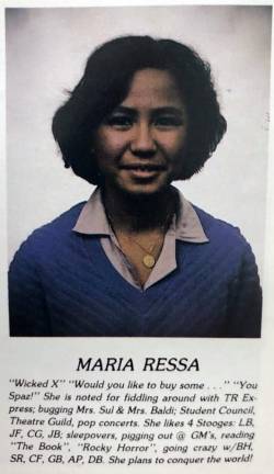 ‘She’s four foot nothing and braver and stronger than someone eight feet tall’ Maria Angelita Ressa, the winner of the Nobel Peace Prize, graduated from New Jersey’s Toms River High School North in 1982.
