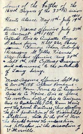 This page from the diary of Robert Henry Walker lists some of the actions he participated in during World War I.