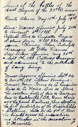 This page from the diary of Robert Henry Walker lists some of the actions he participated in during World War I.