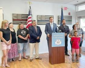 Pictured from left to right are: Jennifer Dellova (parent and president of Washingtonville School Board), Nicole Hewson (parent and Middletown board member), Colleen Doyle (concerned citizen), Kevin Gomez (attorney/parent/Middletown school board member), Assemblyman Colin J. Schmitt, Joe Minuta (Orange County legislator), son of Ciara, Ann Marie Aviles and parent Ciara Irrazary of Cornwall. Photo provided by the office of Assemblyman Colin Schmitt.