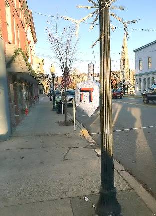 Main Street in Goshen with Hanukkah decorations.