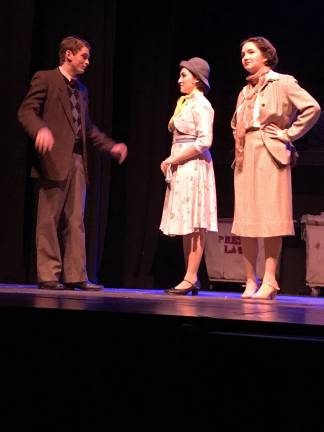 Billy Lawlor ( played by Nick Grundig) welcomes Peggy Sawyer ( brought to life by Zoe Gronner) as the playwright Maggie Jones approves of the new addition to the chorus of &#x201c;Pretty Lady&#x201d;