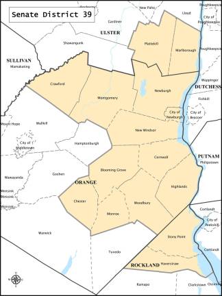 State Senate District 39 stretches from the southern Ulster County towns of Plattekill and Marlborough, down through the Orange County towns of Crawford, Montgomery, Newburgh, Blooming Grove, New Windsor, Chester, Highlands, Cornwall, Monroe and Woodbury, plus the City of Newburgh, then into the Rockland County towns of Stony Point and Haverstraw.