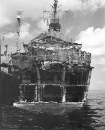 The USS Lindsey after the kamikaze attack (Photo provided)