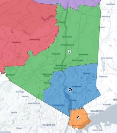 The Democrats’ draft of Congressional maps uses “letters” for its plan. In this scenario, Orange County would be split between the area designated “U” and the neighboring area marked as “O.” The first would include most of Orange County, parts of Ulster and Dutchess. “O” would include communities in southern Orange County, Putnam County and parts of Westchester County. Both the Republican and Democratic proposals are very preliminary. Map provided by the State of New York Congress “Letters” Draft Plan.