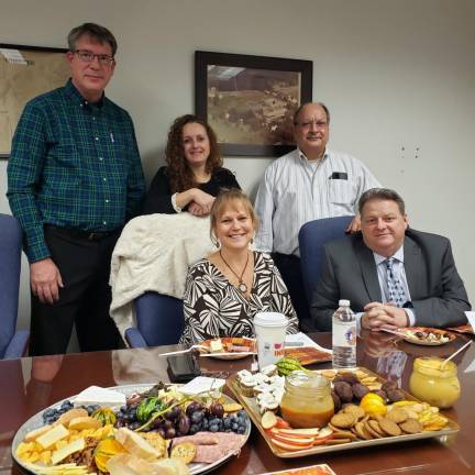 Chester Academy Home and Careers teacher Ms. Besson’s Advanced Foods students provided the board with savory charcuterie and dessert boards prior to their Oct. 27 Board of Education meeting. Beginning in front, Chester Board of Education members are Vice President Sandy Nagler and President Frank Sambets and in back are: Keith Brideweser, Dawn Guevara and John Pasichnyk.