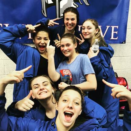Goshen swimmers make history only four years after team forms Goshen swimmers, from the bottom: Maya Northrup, Korianne Moore, Emily Kendrick, Maura Atlas, and Grace Rocchio. On top is Emma Melley. This photo was taken when Emma made States. (Photo provided)
