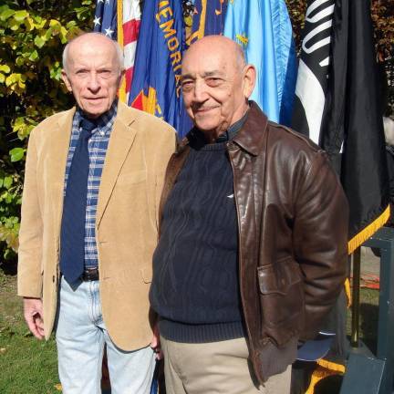 Two veterans who attended the Veterans Day Ceremony on Nov. 11 at 11 a.m. were Town of Goshen Supervisor Doug Bloomfield, left, and Town Councilman Phil Canterino. Bloomfield, who served in the armed forces in Germany and Vietnam, who later say: “War is a human failure.”