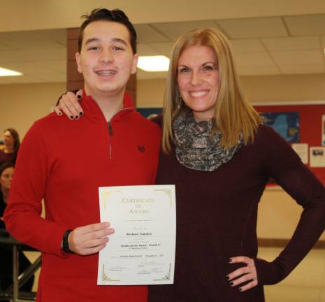 Goshen High School students honored as Goshen Greats Michael Jakakas with Lyn Abrams