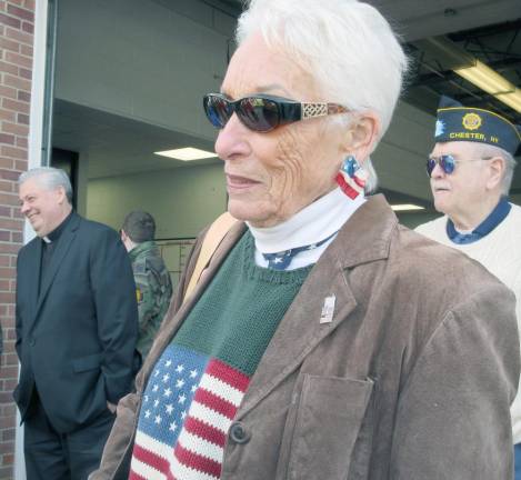 Maryann Benedict wore patriotic earrings and sweater