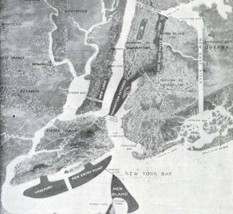 What If? The 'City of New Manhattan' Thomson’s 1916 plan reimagining Manhattan and the city’s waterways. Image: Popular Science