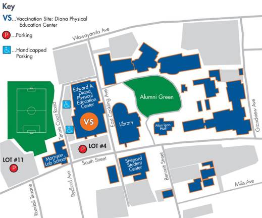 A map of the SUNY Orange vaccination site and parking. Source: sunyorange.edu