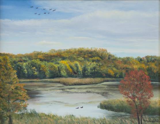 Lake Panorama, oil on canvas, 12 x 24″, by Mitchell Saler