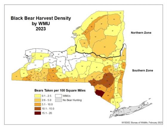 The DEC’s bear harvest density map by Wildlife Management Unit (WMU) region.