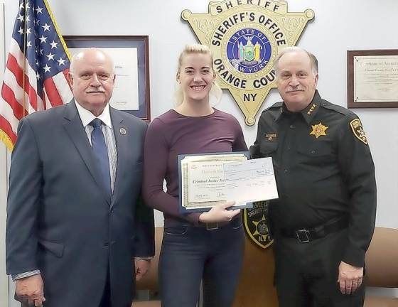Sheriff presents criminal justice scholarship to Elizabeth Kimber From left: SUNY Orange Department Chair Dennis O'Loughlin, Elizabeth Kimber, and Sheriff Carl E. DuBois