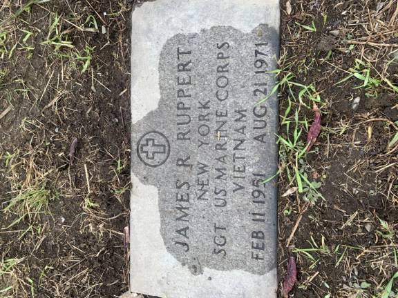 U.S. Marine Sgt. James R. Ruppert’s headstone at Saint Columba Cemetery in Chester.