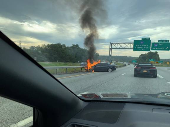 Car in flames following two-vehicle collision on eastbound Route 17.
