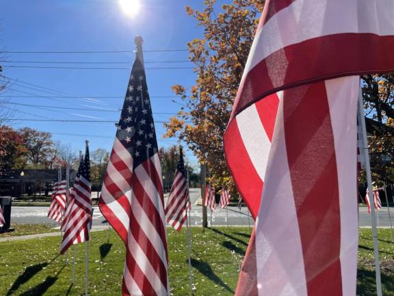 Flags on the Charles J. Everett Memorial last year in Goshen.