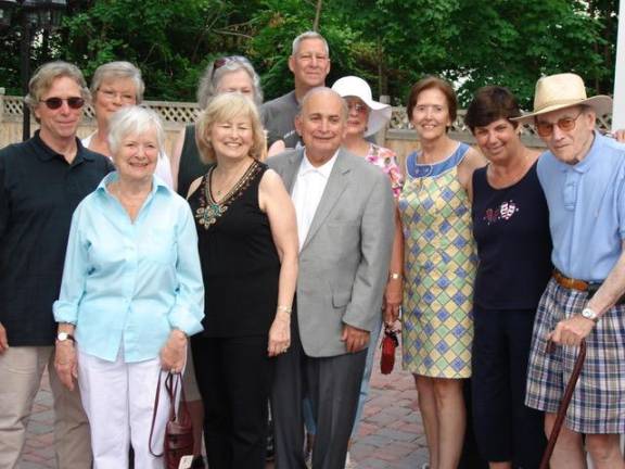 Mary-Gray Swezey Griffith (left front) with friends and fellow Goshenites at the ceremony awarding the Goshen Restoration Unlimited Preservation Award to Trailside Treats Creamery in 2012. File photo by Geri Corey.