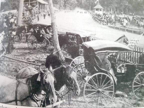 Home stretch of the Historic Track on July 4, 1859. The horses and buggies are standing in the current parking lot of Delancy’s. Photos courtesy of the Village of Goshen Historian Edward P. Connor.