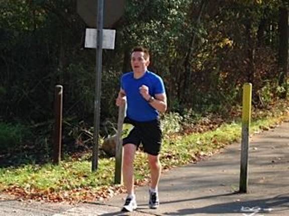 Runners rack up miles at first-ever marathon Overall winner of the Hambletonian Marathon & Good Time Trotters Relay, Liam Quinn of Arlinton, Va., coming down Heritage Trail heading to the finish line at the Historic Track. He finished at 2:55:10. (Photo by Geri Corey)