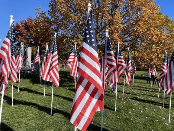 Flags on the Charles J. Everett Memorial last year Goshen.