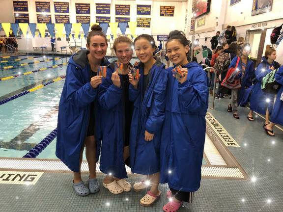 Goshen swimmers make history only four years after team forms Alex Barnes, Emma Melley, Annie Shih, and Rachel Shih, the new Division II Relay Team champions (Photo provided)