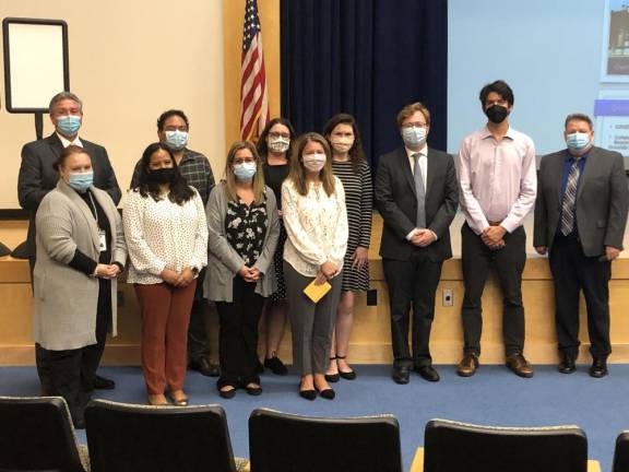 Front Row: Danielle Pelicano, 8th Grade Science Teacher; Tyra Busigo, Social Worker; Jana Circosta, Reading Teacher, Angela Tandy, Pre-Kindergarten Teacher; Back Row: Denis Petrilak, Superintendent of Schools, Christopher De Lao, 8th Grade English Teacher; Rebecca Davis, School Psychologist; Victoria Garloch, Grade 1-2 Teacher; Justin Bourne, Grade 4-5 Teacher; Benjamin Heyer, Middle School Technology Teacher; Frank Sambets, Board of Education President. Not pictured: Mary Kate Boesch, Chester Elementary School Principal; Kimberly Ann Christie, Middle School Art Teacher; Jennifer Daly, Health Teacher; Julienne Dorceus, Chemistry Teacher.