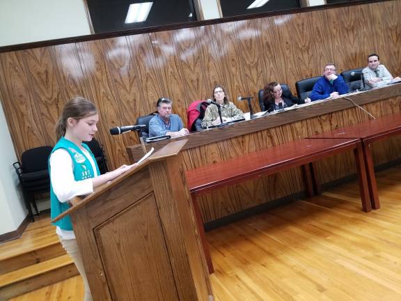 Scouts pitch worthy projects to the town board Jemma Bastian speaking at the town board meeting. (Photo by Kerry Cambia)