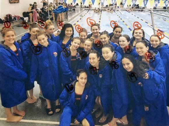 Goshen swimmers make history only four years after team forms Back row (from left): Kyla Kropp, Ella Bruno, Grace Rocchio, Maura Atlas, Emma Melley, Alexandria Barnes, Ilana Diaz, and Korianne Moore; middle: Emily Kendrick, Amanda Melley, Reagan Sullivan, Marci Barnhorst, Maria Kelly, and Rachel Shih; front: Diana Munoz, Carly Sullivan, Annie Shih, and Anel Burgos (Photo provided)
