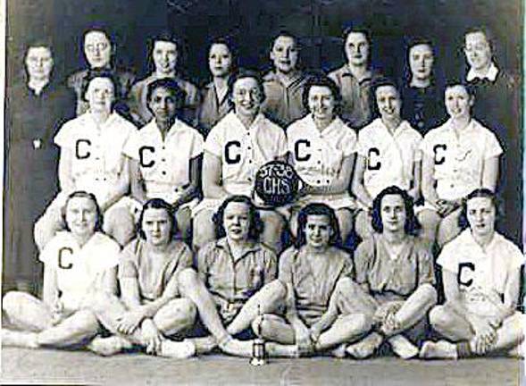 Chester High School Girls Basketball Team, 1937-38: front row (from left): Susan Budnick, Agnes Custard, Alice Chamberlain, Angie Grillo, Mildred Schanck, Betty Miller; middle row: Betty Murray, Catherine Ramsey, Mary Cameron, Betty Bull, Meriam Cushman, Dot Carter; back row: Maxine King, Katherine Dunne, Helene Roe, Audrey Cushman, Nan Wilkin, Jean Murray, Elizabeth McGrath, Elizabeth Mosher (coach)