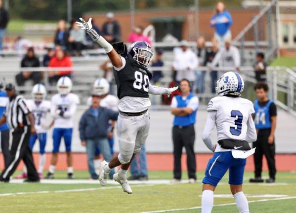 Defensive end Nicolas Montero pressures the Middies QB late in the game.