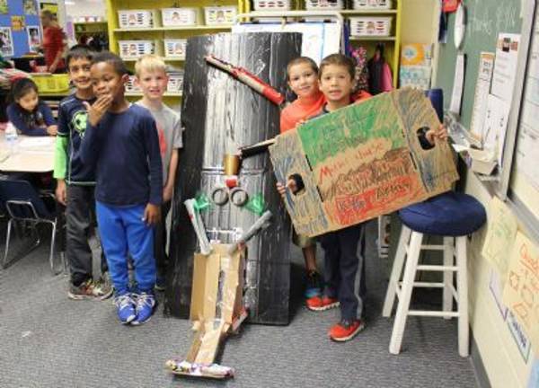 Cardboard challenge in Chester Peter Jones, Sabrina Sanabria, Anthony Donadio, Alyah Johnson and Arion Rios of Ms. Elise Biagini’s class.