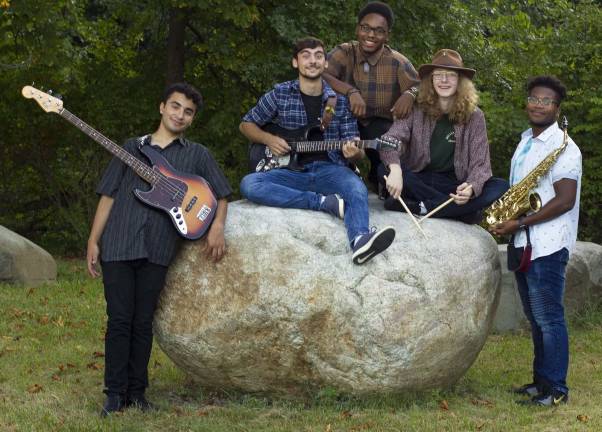 Pictured from left to right, the SUNY Orange Jazz Quintet are: Marco Salazar on electric bass; Anthony Aprile on guitar; Darius Beckford on piano; Chuck Crover on drums; and Carl Eugene, on saxophone.