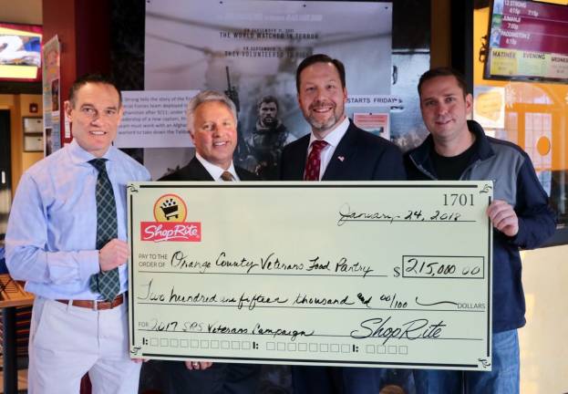 ShopRite gives $215K to Veterans Food Pantry Provided photos Pictured from left to right are Orange County Veterans Service Agency Director Christian Farrell, Brett Wing, president and COO of ShopRite Supermarkets Inc., Vice President of Operations Tom Urtz and Orange County Executive Steven M. Neuhaus at the Town of Monroe Arts and Civic Center on Wednesday, Jan. 24.