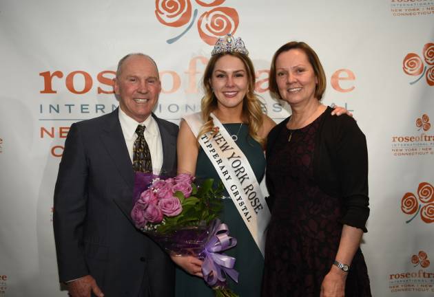 The Rose of Tralee blooms in Goshen Sarah Ward with her parents, Tom Ward and Liz Kervick (Photo provided)