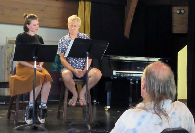 Ten-Minute Play Festival is coming to Sugar Loaf Performing Arts Center Actors Fiona Hill and Keith Dougherty read from their scripts as director Paul Ellis looks on (Photo by Ginny Privitar)