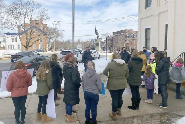 Assemblyman Colin Schmitt addresses local parents at a rally in Goshen to reopen schools on Wednesday, Feb. 24. Provided photo.