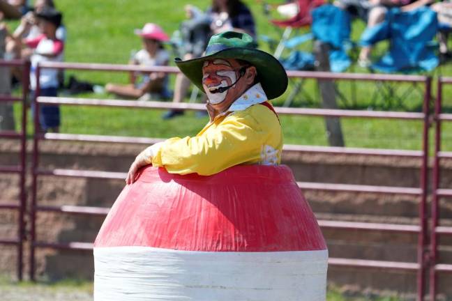 Stampede Bullriding Rodeo Held at Orange County Fairgrounds Rusty The Clown entertains the spectators between each bull riding set.