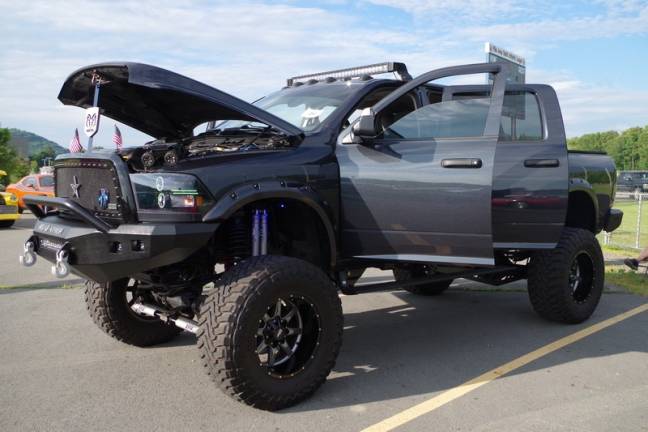 A tricked out 2015 Ram 3500 4x4 pickup truck owned by Stephen Butyn of Milford, Pa. The Ram 3500 was the biggest vehicle at cruise night. (Photo by George Leroy Hunter)