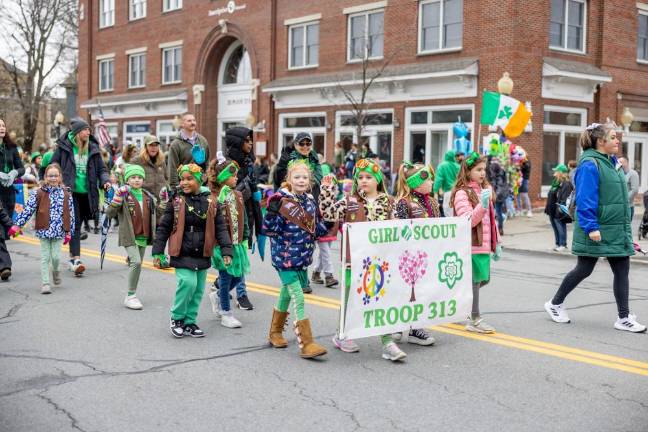 Brownies Girl Scout Troop 313 in the Mid Hudson St. Patrick’s Day Parade in Goshen on March 10, 2024. Photo by Sammie Finch