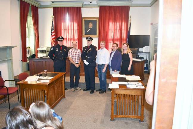 Left to Right, Chief James Watt, Trustee Tony Scotto, Sgt. David Yates, Mayor Scott Wohl, Trustee Jonathan Rouis and Police Commissioner Molly O’Donnell