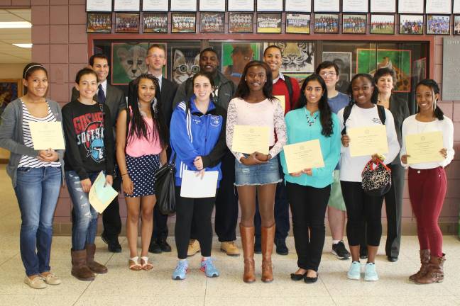 Good job! Sojourner Truth winners, front row, from left, Alexis Bello, Alyssa Hernandez, Grace McMurrin, Emily Horrego, Jada Stewart, Megha Kanabar, Braxton Clark, Seriah Durandisse. Back row, from left, Gregory Voloshin, Assistant Principal/Director of Health, Physical Education and Athletics; Kurtis Kotes, Principal; Nakeem Thorpe, Jason Ramirez, Nicholas Whittel, Patricia Lercara, Assistant Principal.