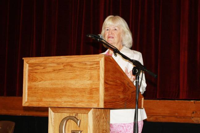 Goshen schools celebrate opening day Board of Education President Judith Green greets the crowd.
