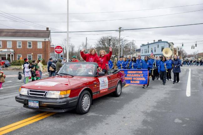 Honor Flight followed by Chester Academy High School Band marching in the Mid Hudson St. Patrick’s Day Parade in Goshen on March 10, 2024. Photo by Sammie Finch