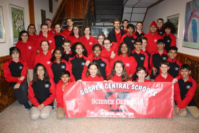 Goshen's Science Olympiad season off to a great start Goshen’s Science Olympiad team, front row (from left): Nahal Jangda, Rohan Chhabra, Julisa Posada, Cora Pahucki, Aiden Meyers, John Higgins, Kiran Foster. Second row: Xander Danella, Eesha Ramanathan, Kiara Paulino, Pheonix Graham, Serena Yeddu, Carolos Alicea. Third row: Imaan Beg, Catherine Lieniemann, Jason Barnes, Stephanie Gyrla, Arun Foster, Kapil Foster. Fourth row: AJ Bauer, Melissa Moore, Alex Mistretta. Fifth row: Myra Arif, Julia Gyrla, Eve Doyle, Kaylee Kohn, Jehan Beg, Ekamjot Singh, Brandon Pendrod. Last row: Andrew Hablow, Donovan Teeple, Spencer Doyle, Cameron Teeple, Ryan Mistretta, Ben Pahucki. (Photo provided)
