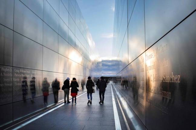 Empty Sky is the official New Jersey September 11 memorial to the state's victims of the September 11 attacks on the United States. It is located in Liberty State Park in Jersey City at the mouth of Hudson River across from the World Trade Center site. 2017 photo by Robert G. Breese.