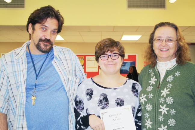 'Goshen Greats' honored for achievement in a single subject Jessica Tortorelli with art teachers Marc Pizzo and Ruth Roebuck